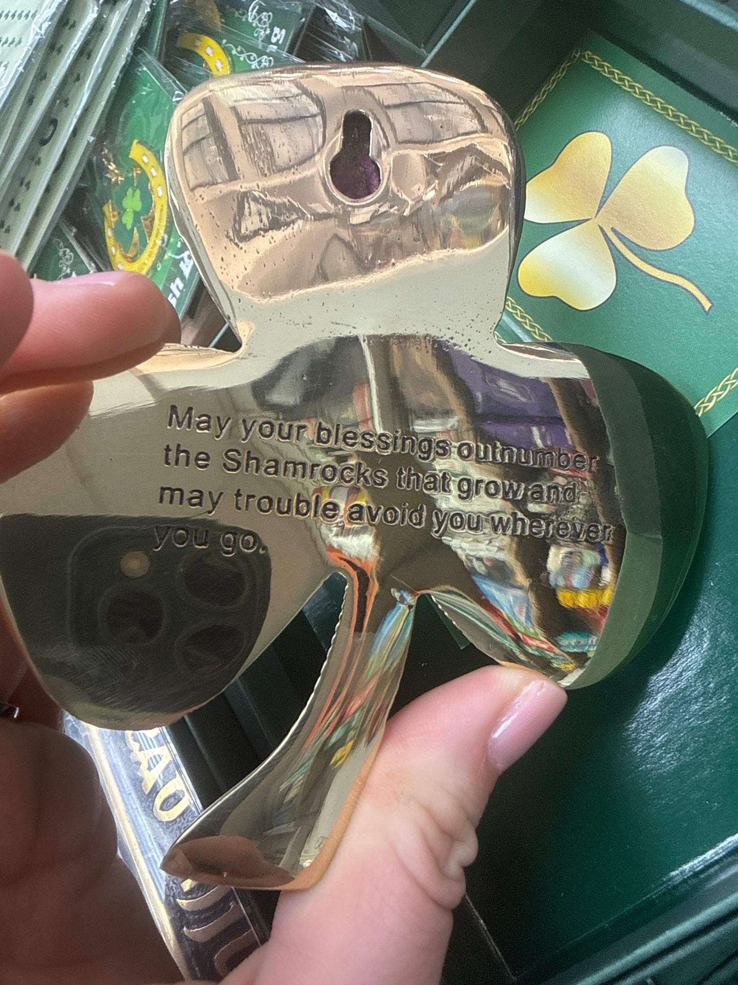 Brass shamrock with blessing on back spw10