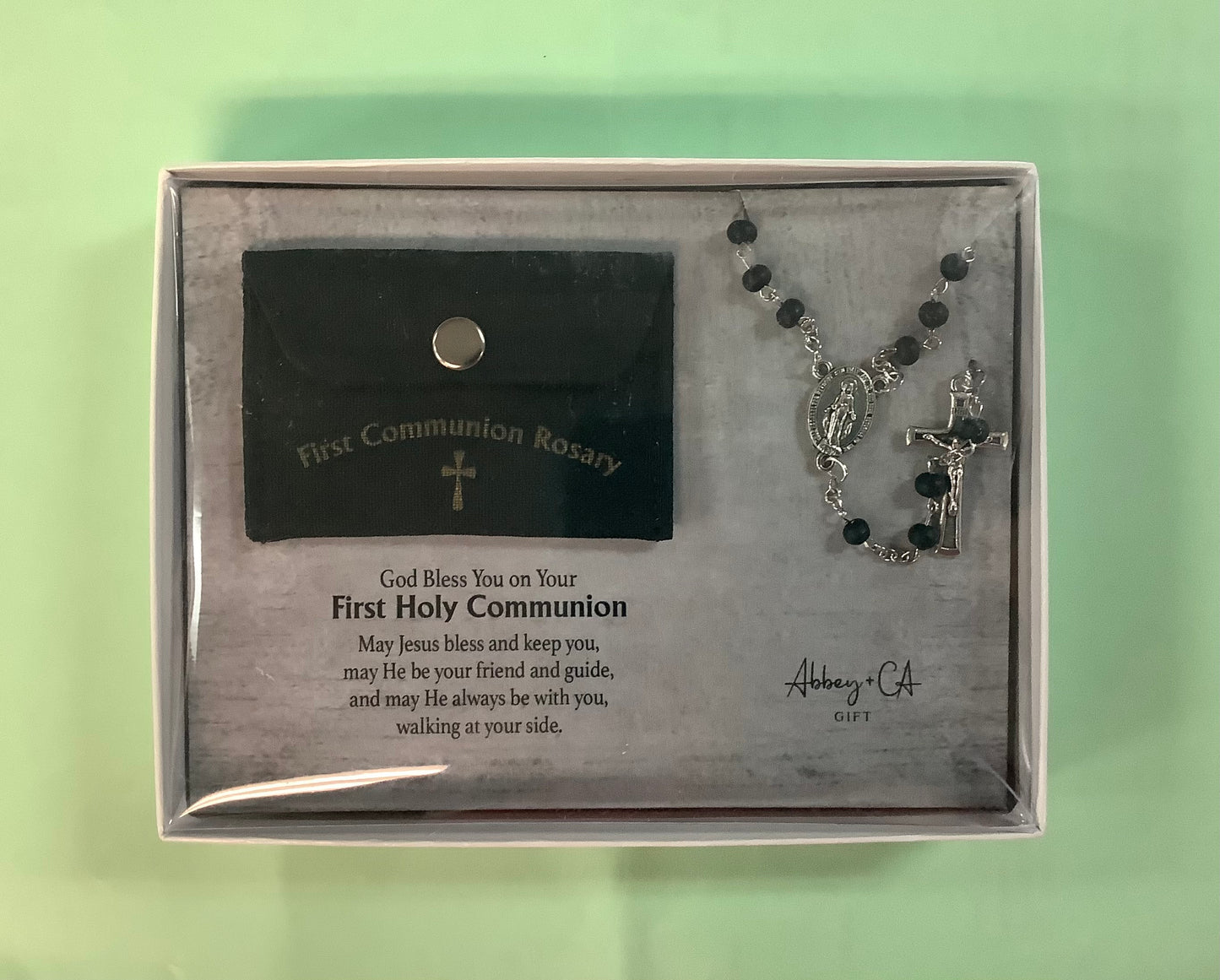 1ST COMMUNION BLACK ROSARY & BAG CS187