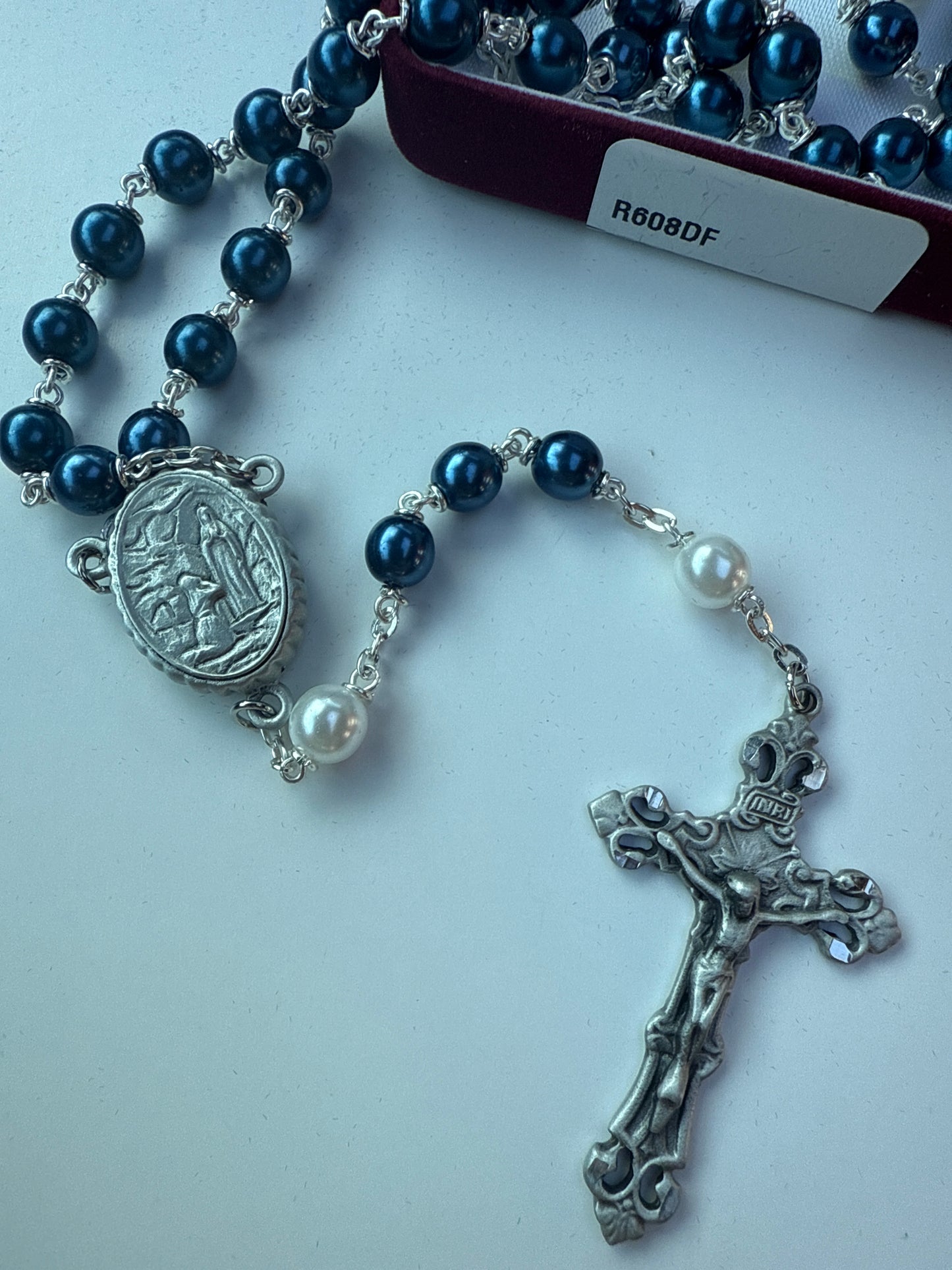 Our Lady of Lourdes Water blue and pearl rosary R608DF