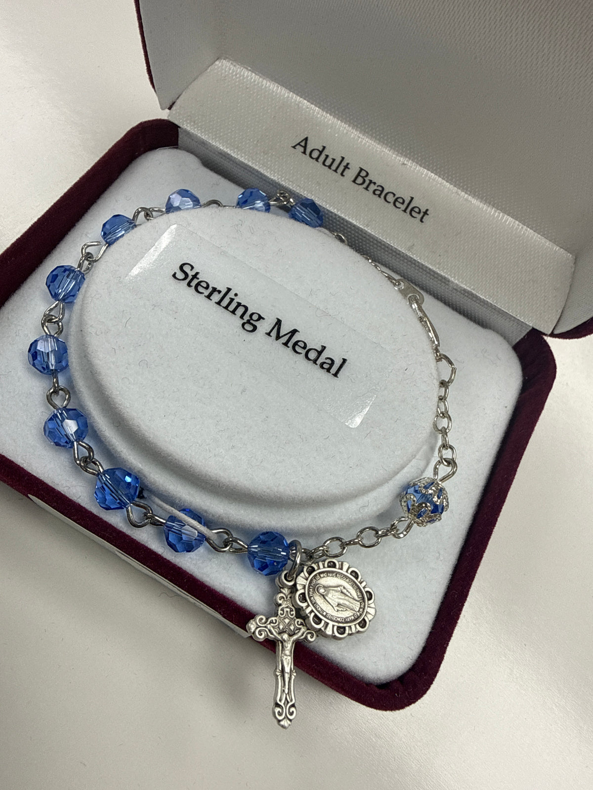 Adult Rosary Bracelet Blue with Miraculous Medal and Cross BR333