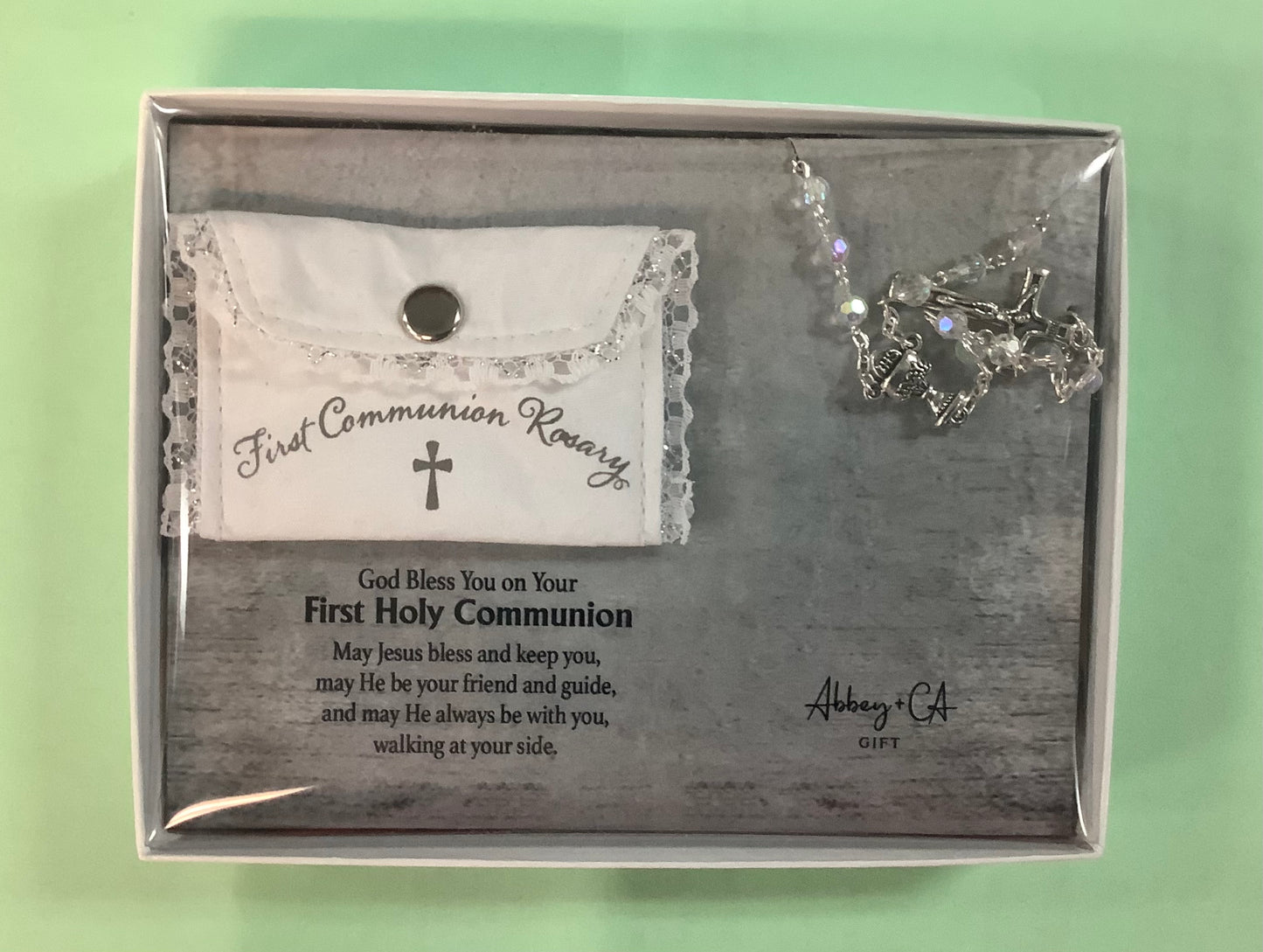 1ST COMMUNION CRYSTAL ROSARY & WHITE BAG CS186