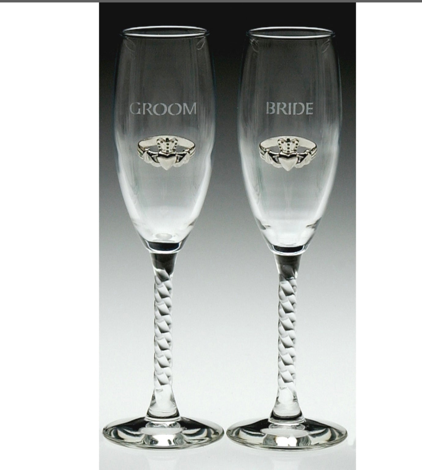 Pair Bride & Groom Flutes Claddagh
