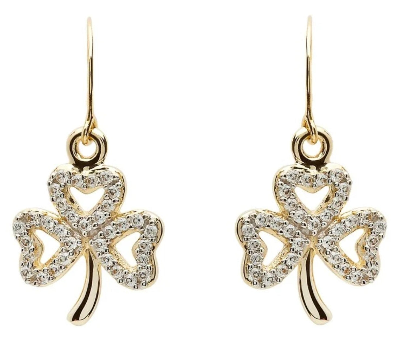 A pair of gold 10K shamrock stone set earrings with a heart-shaped design and dangling stones.