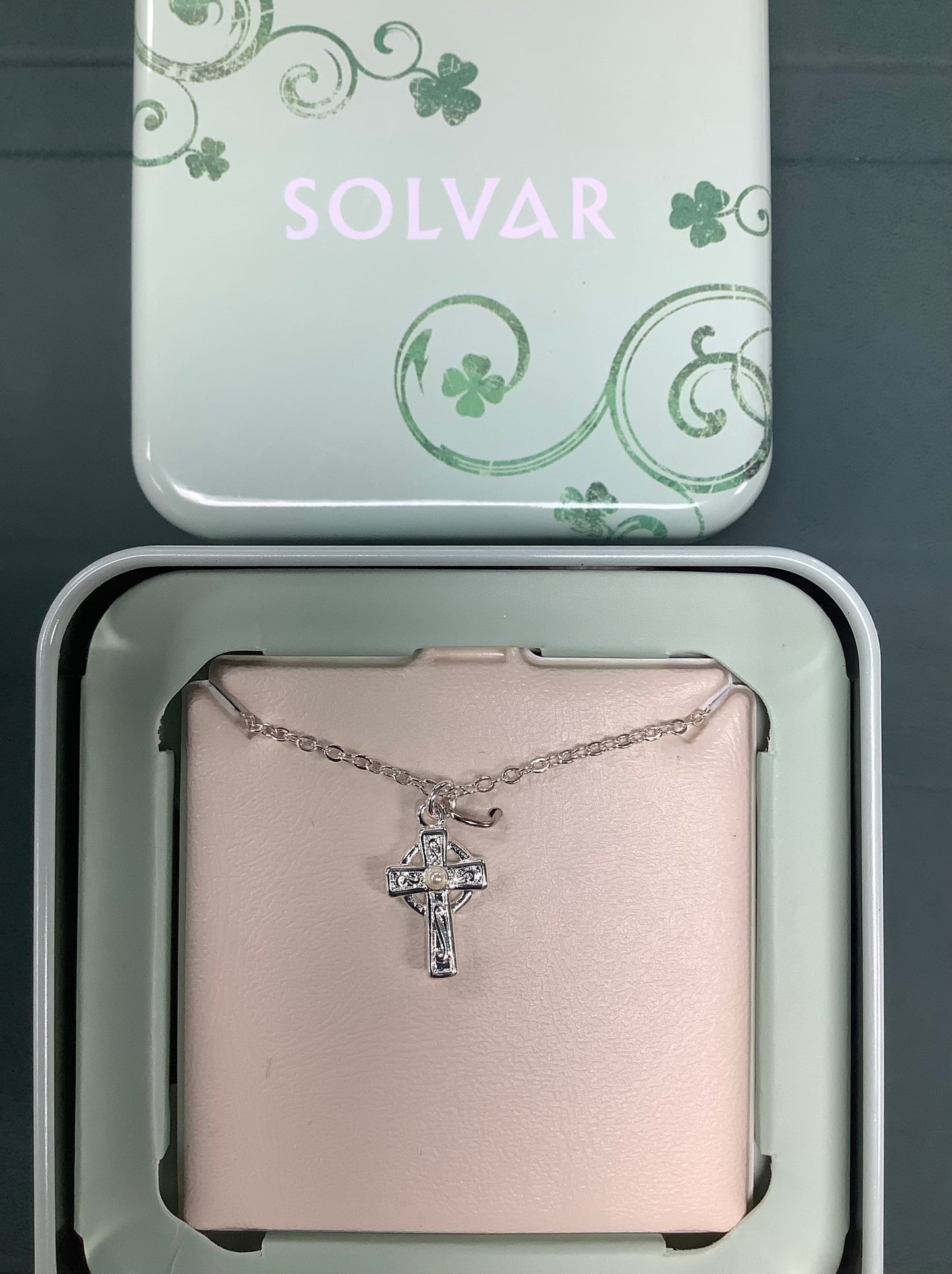 Rhodium Plated small Celtic cross with pearl detail in middle