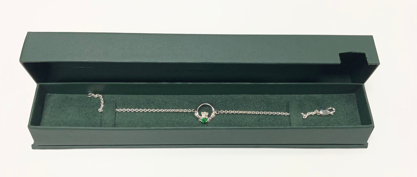 Facet Sterling Silver Claddagh Bracelet with Green Stone BMA75
