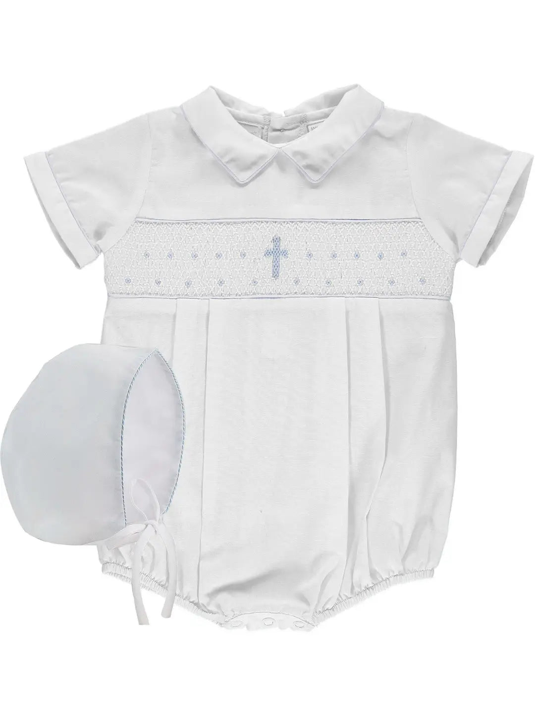Baby boy baptism smocked creeper & bonnet 30098