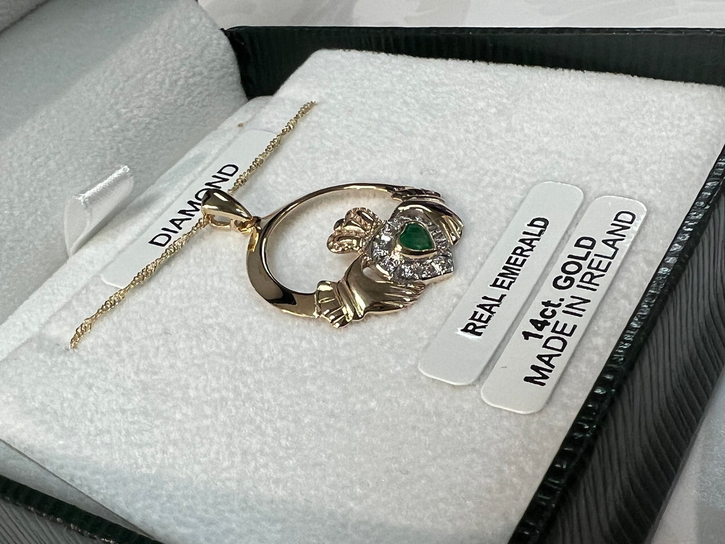 14K Yellow Gold Claddagh Diamond and Emerald Pendant #MA230F