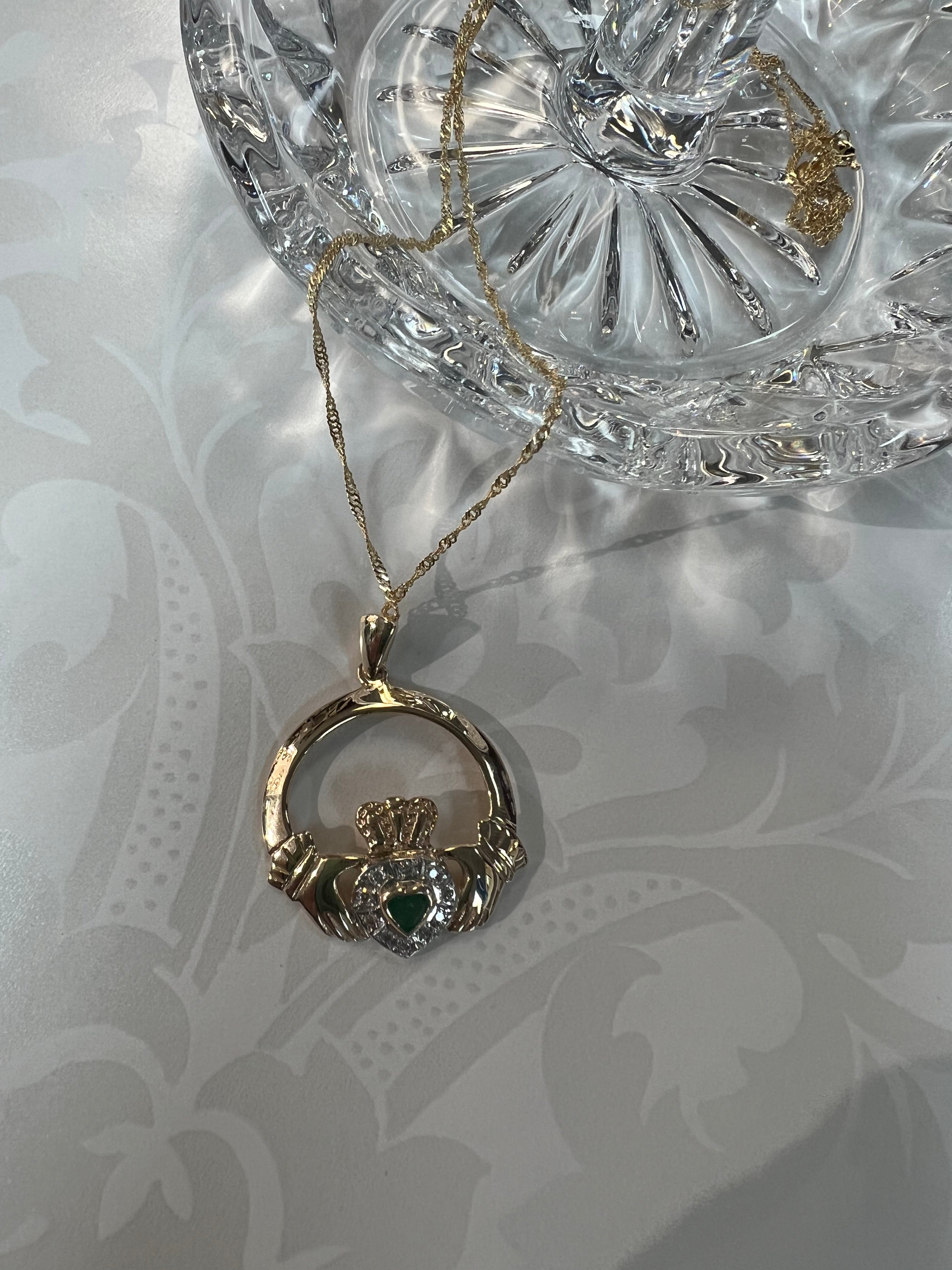 14K Yellow Gold Claddagh Diamond and Emerald Pendant #MA230F
