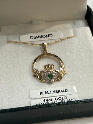 14K Yellow Gold Claddagh Diamond and Emerald Pendant #MA230F