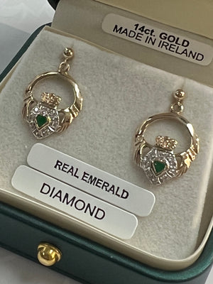 14K Yellow Gold Claddagh Earrings with Diamond and Emerald #GOMA182