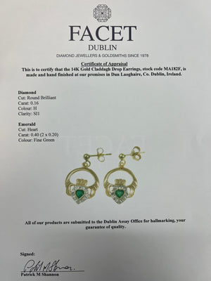 14K Yellow Gold Claddagh Earrings with Diamond and Emerald #GOMA182