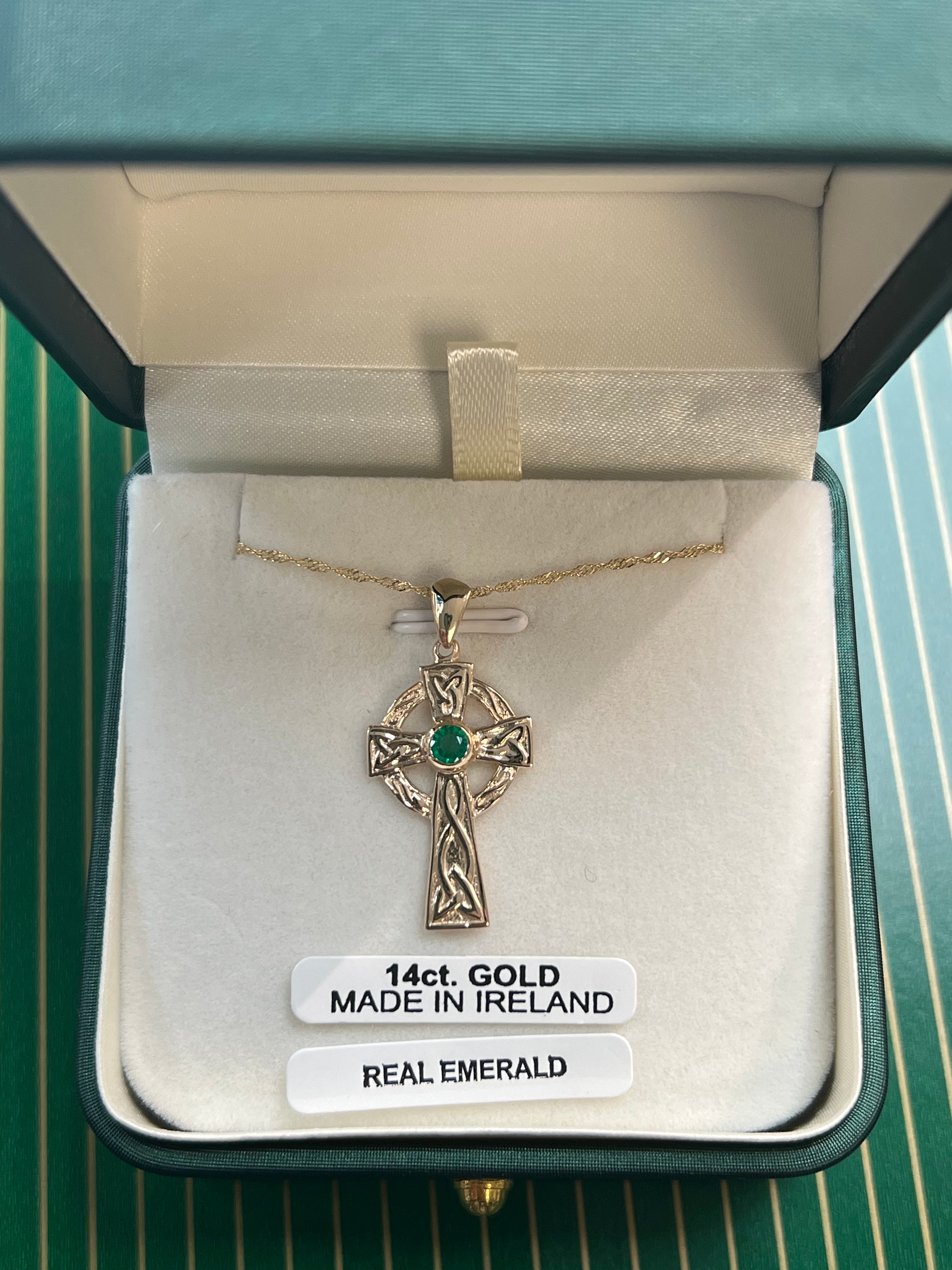 14K Yellow Gold Celtic Cross with Emerald MA157
