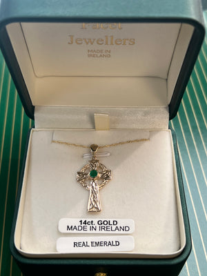 14K Yellow Gold Celtic Cross with Emerald MA157