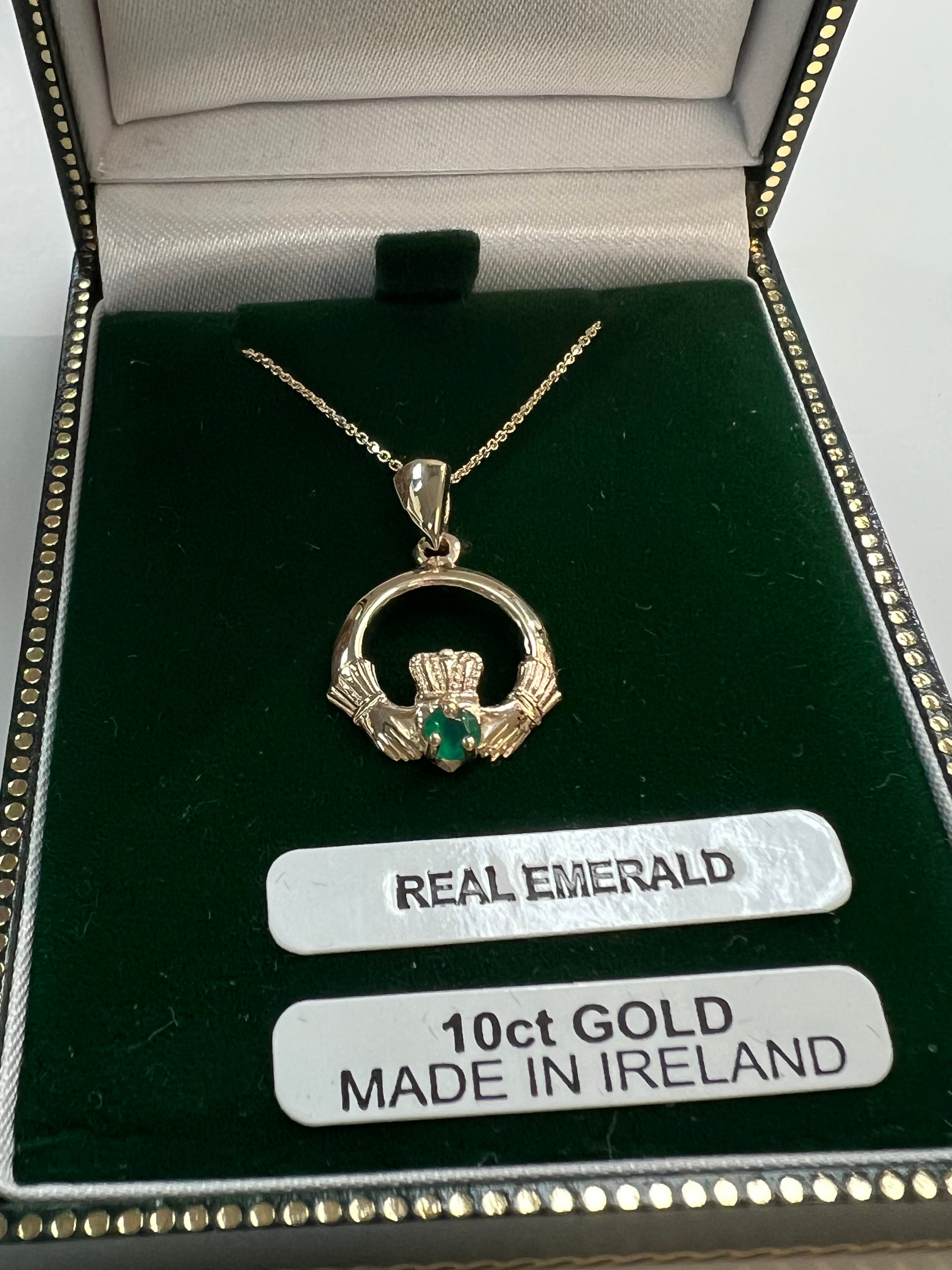 10K Yellow Claddagh with Emerald Pendant MA75