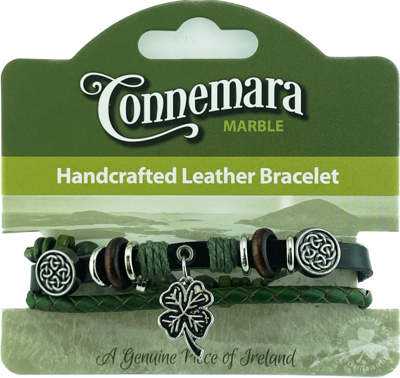 CONNEMARA MARBLE AND LEATHER HIPPY BRACELET WITH 4 LEAF CLOVER CHARM