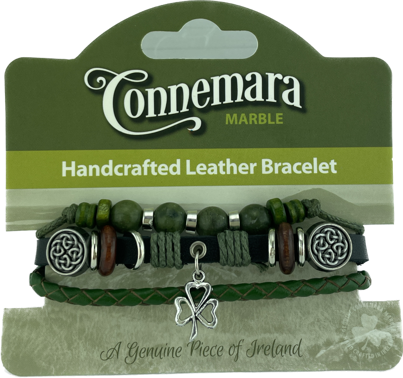 CONNEMARA MARBLE AND LEATHER HIPPY BRACELET Open Shamrock
