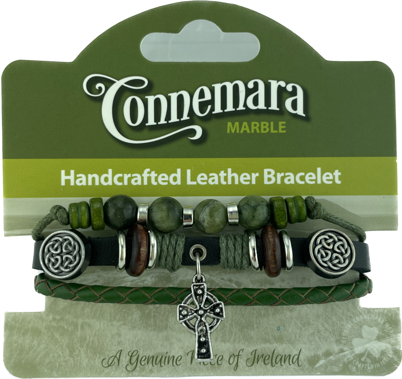CONNEMARA MARBLE AND LEATHER HIPPY BRACELET CELTIC CROSS