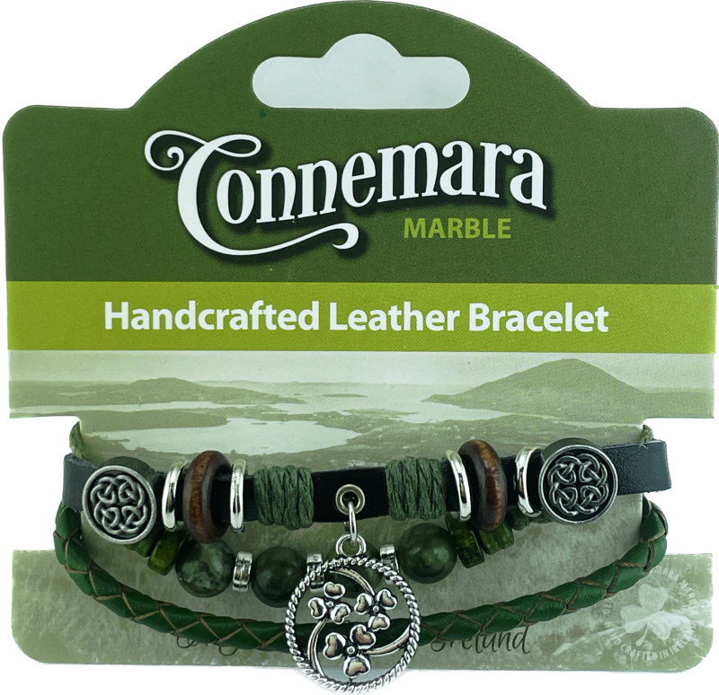 CONNEMARA MARBLE AND LEATHER HIPPY BRACELET SHAMROCKS