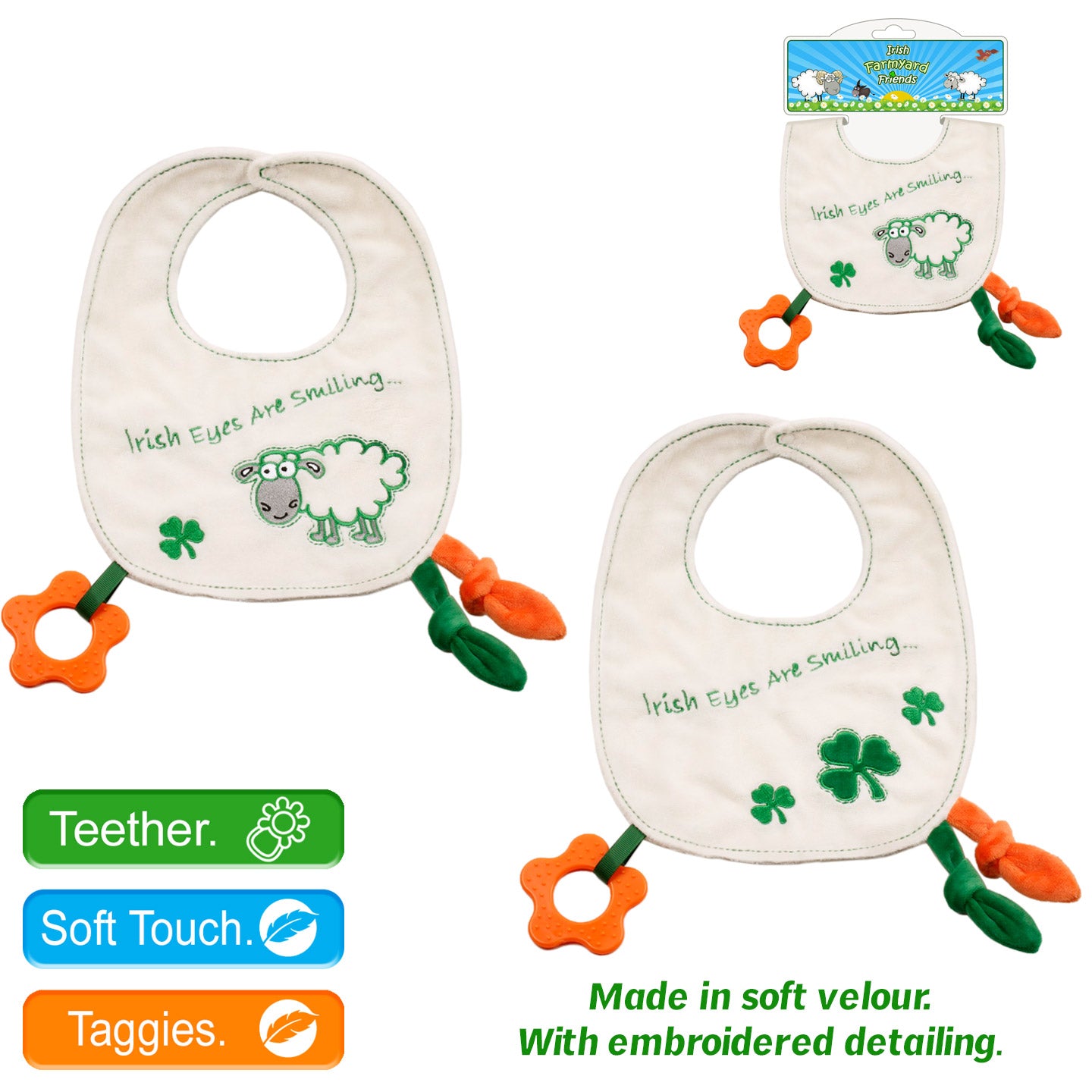 Velour Bib with Teether with Shamrock’s