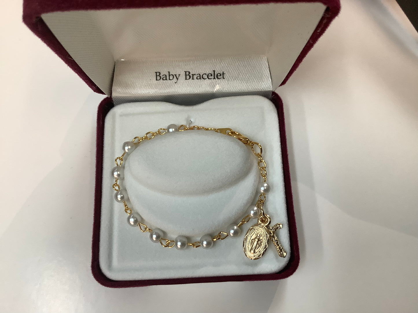 Baby Gold Tone Rosary Bracelet with medal and cross B28H