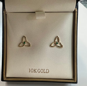 10K Gold Trinity Studs with emerald center. S34234