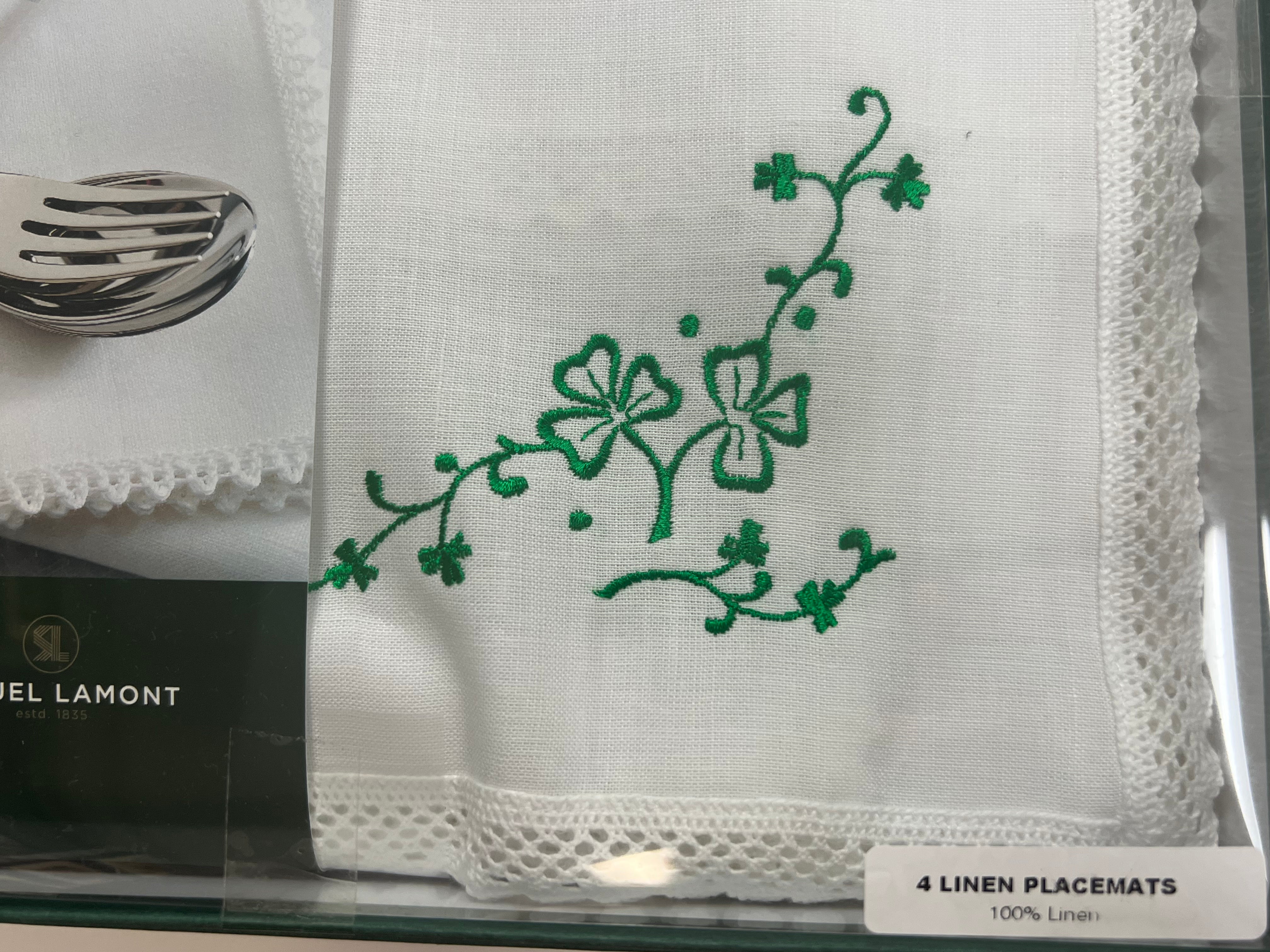 Irish Linen Embroidered Shamrock Placemat Set of 4