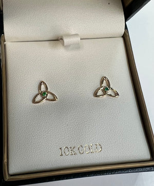 10K Gold Trinity Studs with emerald center. S34234