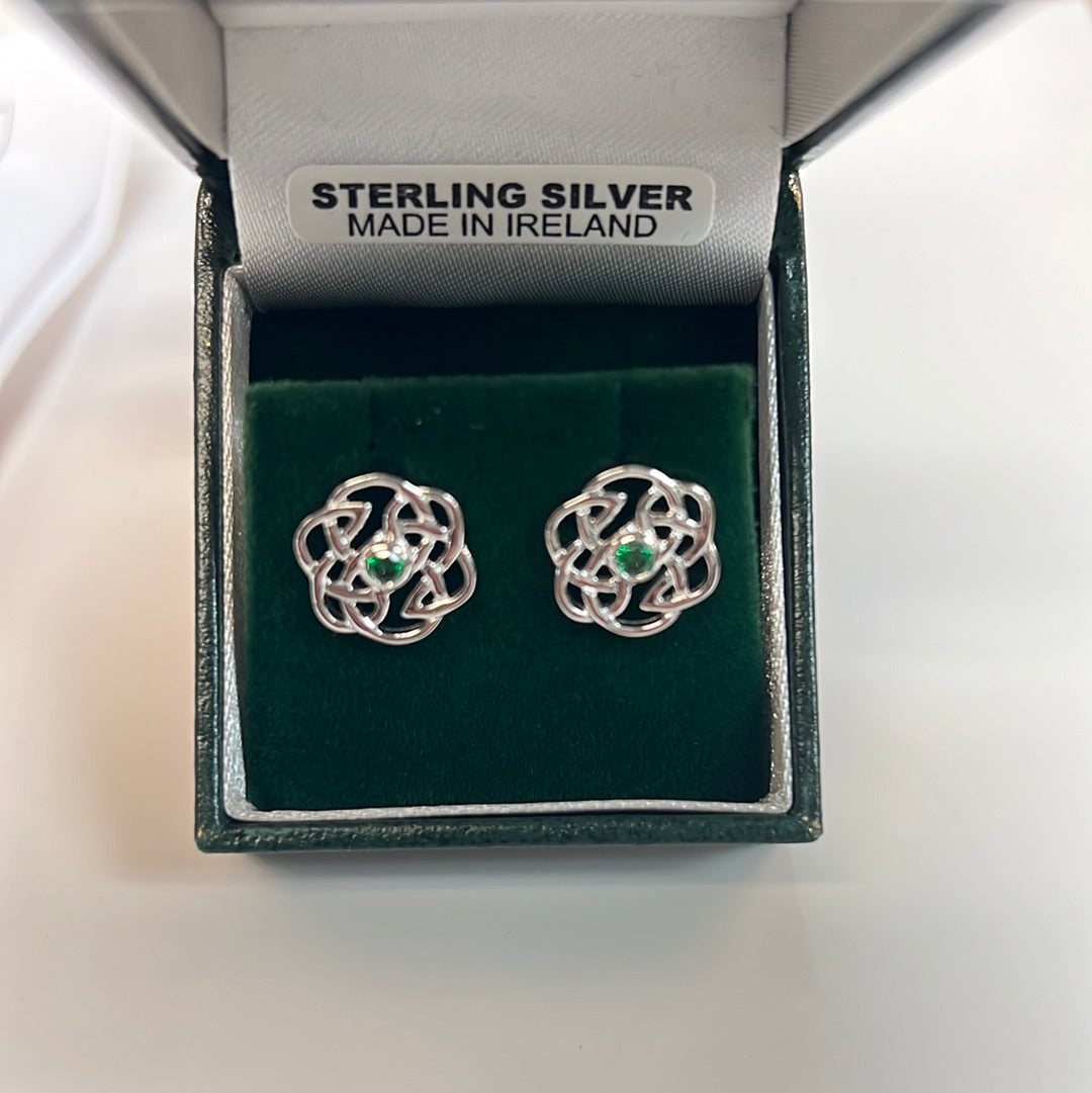Sterling Silver Celtic knot earring with green stone E110