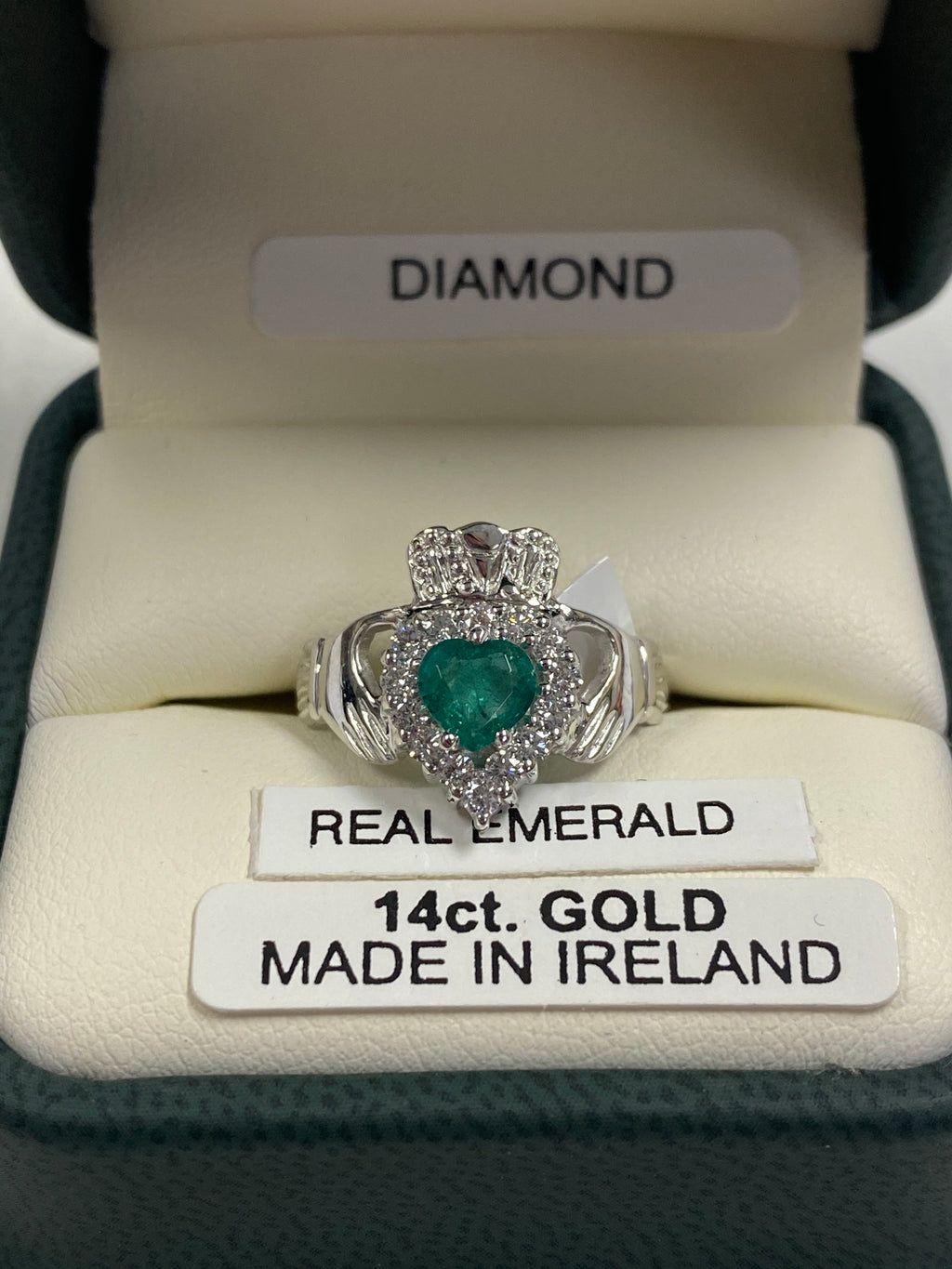 14K White Gold Real Emerald and Diamond Claddagh 362W