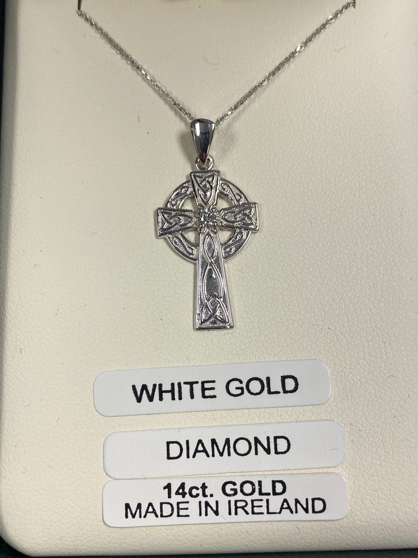14K White Gold Celtic Cross with Real Diamond