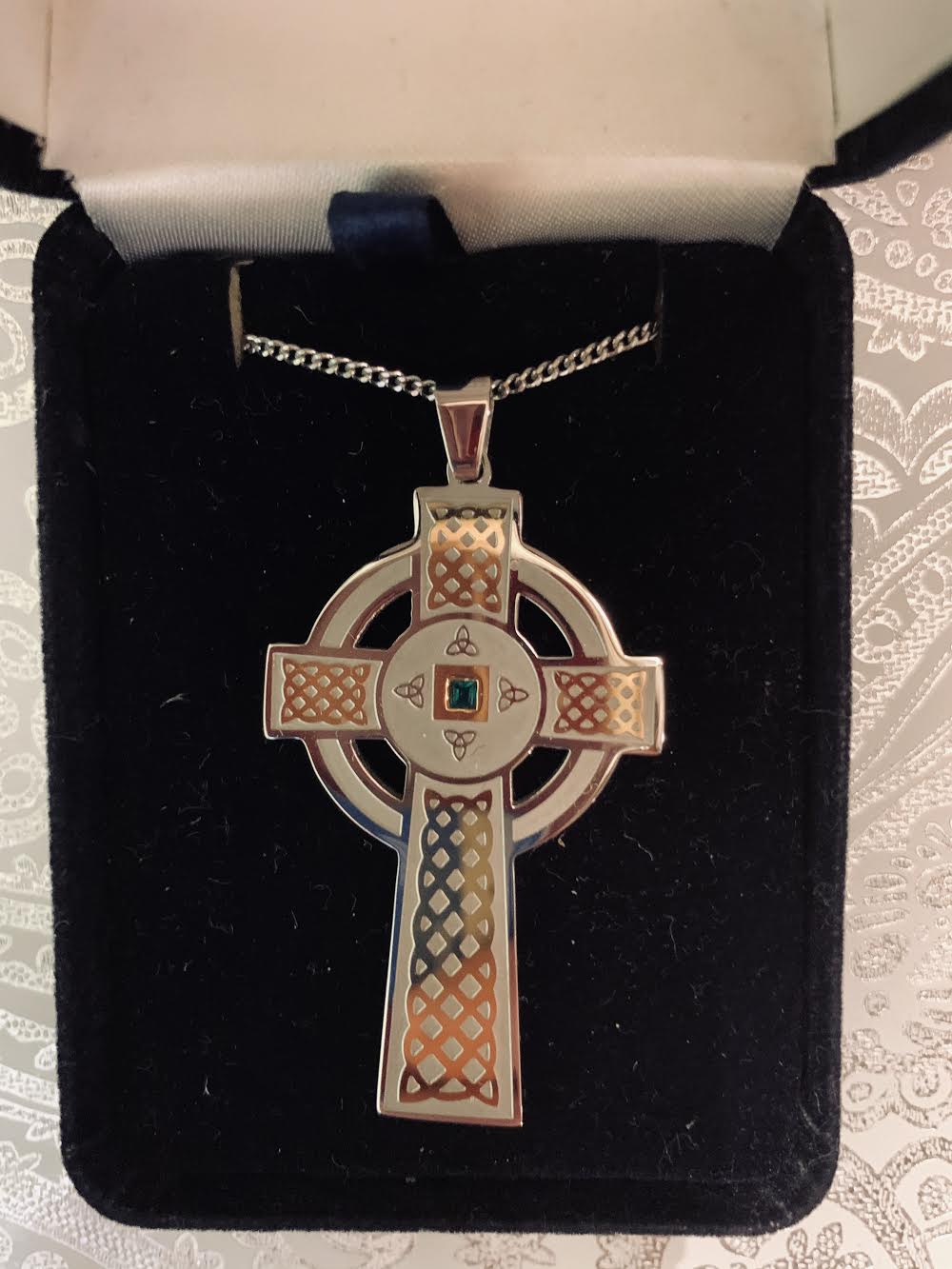 Sterling Silver Celtic Cross with Green Stone