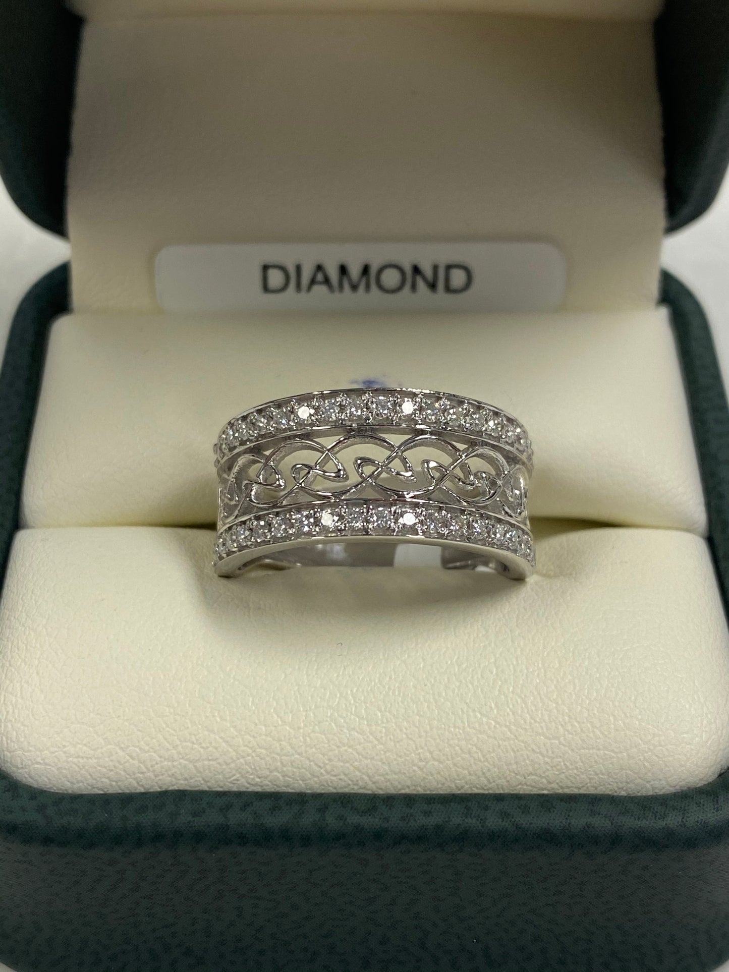 14K White Gold Celtic Ring with Real Diamonds