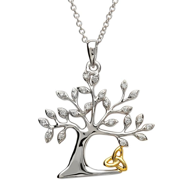SILVER TREE OF LIFE PENDANT WTH ENCRUSTED CRYSTALS WITH GOLD PLATED TRINITY KNOT tr231
