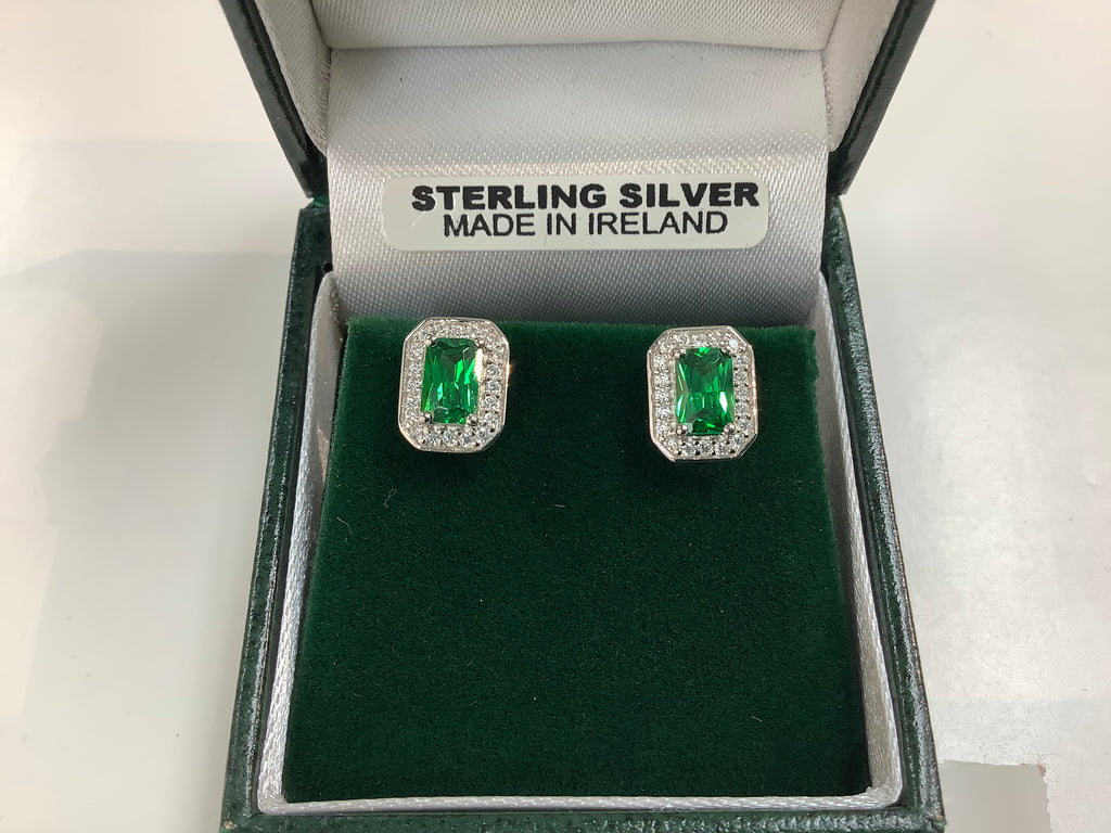 Silver Earrings Emerald Cut Center Pave CZ E5022-S CZ EM