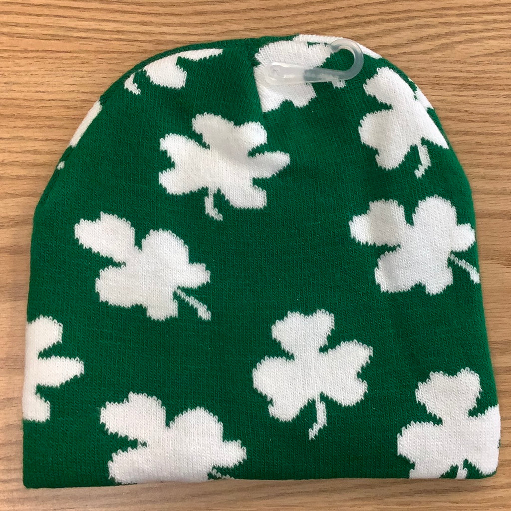 Green knit hat with white shamrocks adult