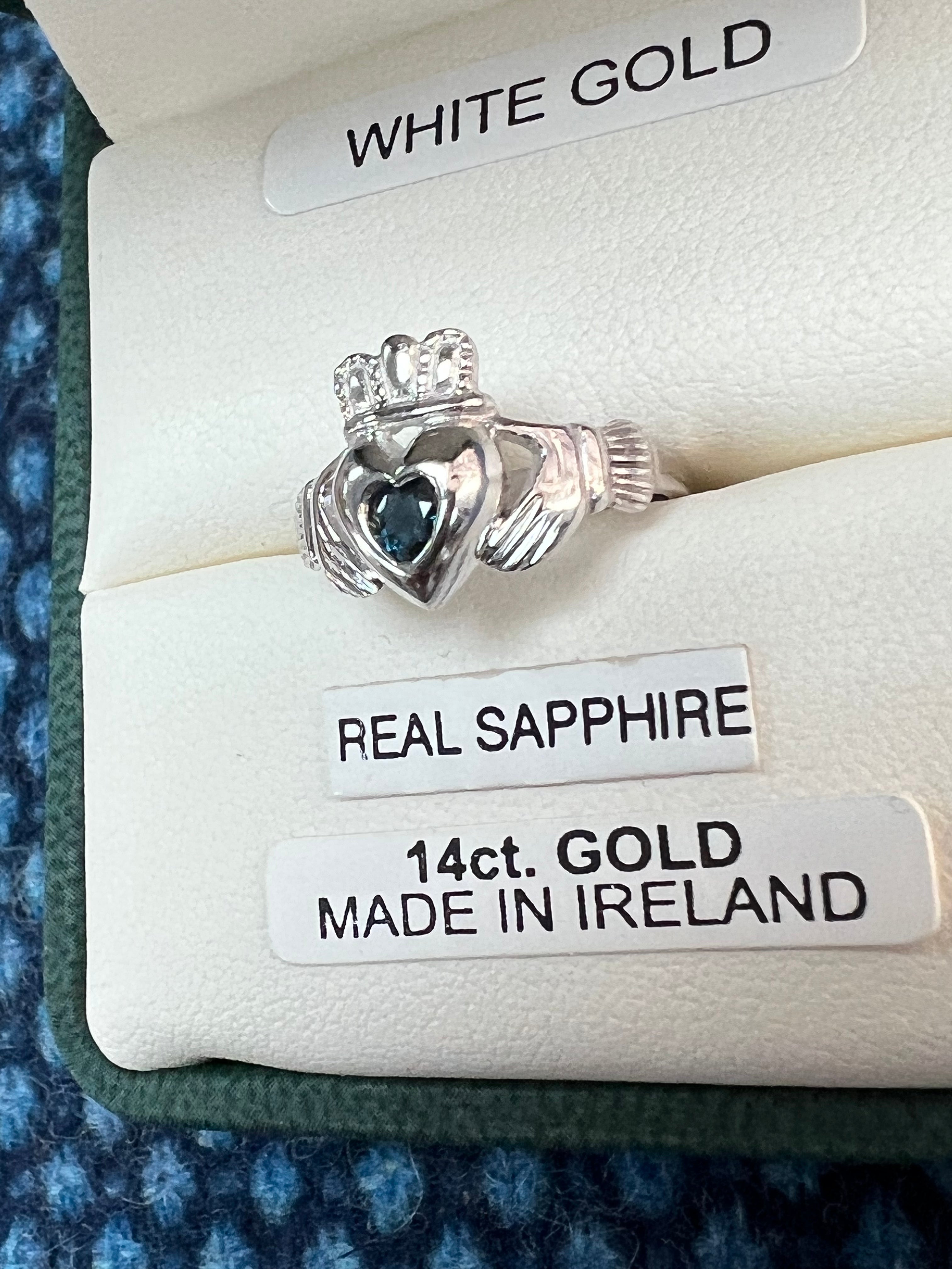 14K White Gold Claddagh with real Sapphire