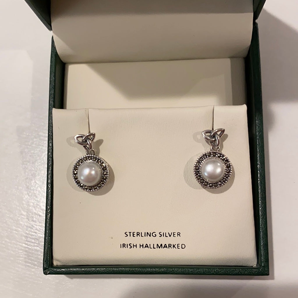 Trinity/ freshwater pearl / marcasite drop earrings A2081