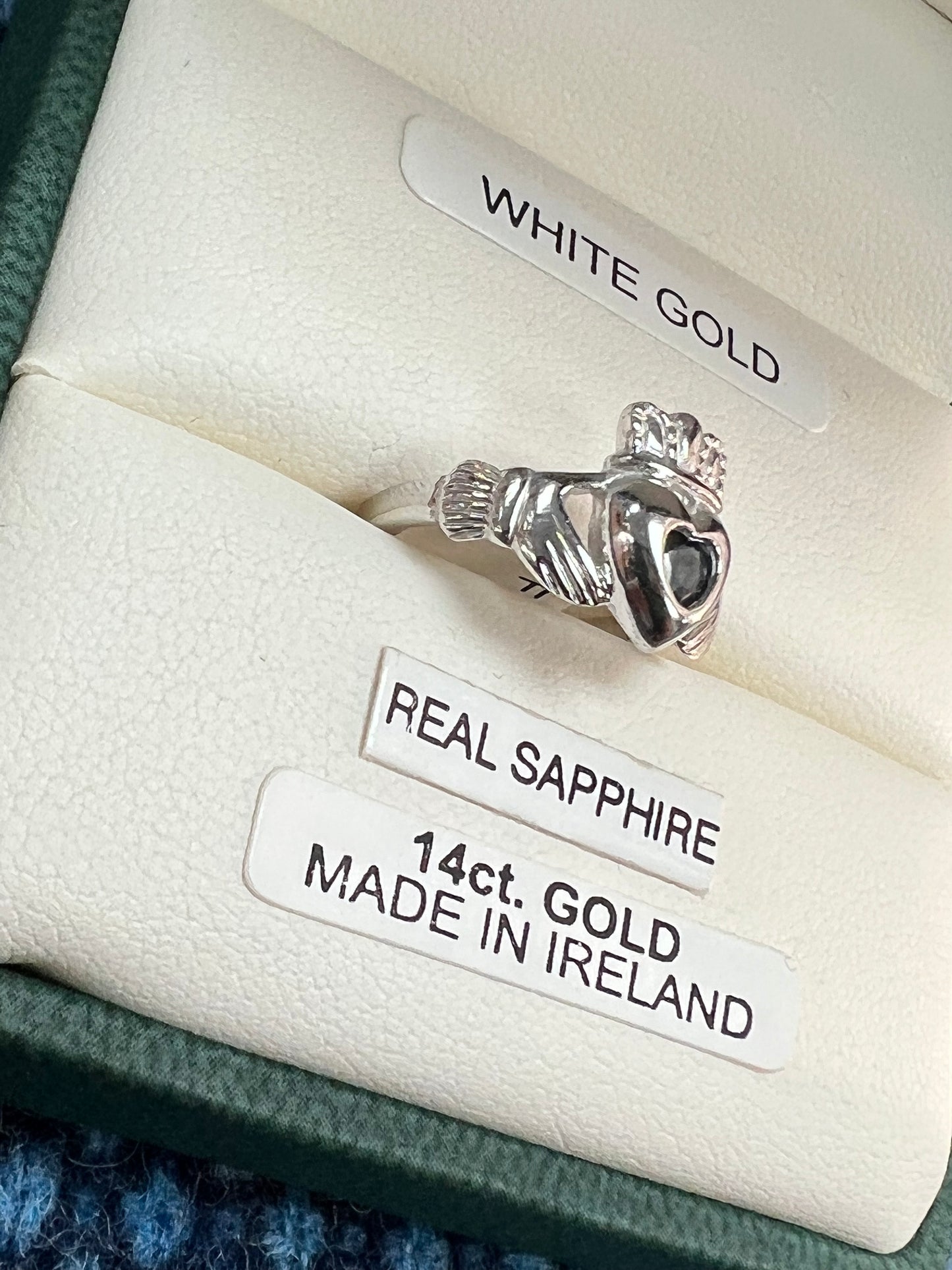 14K White Gold Claddagh with real Sapphire