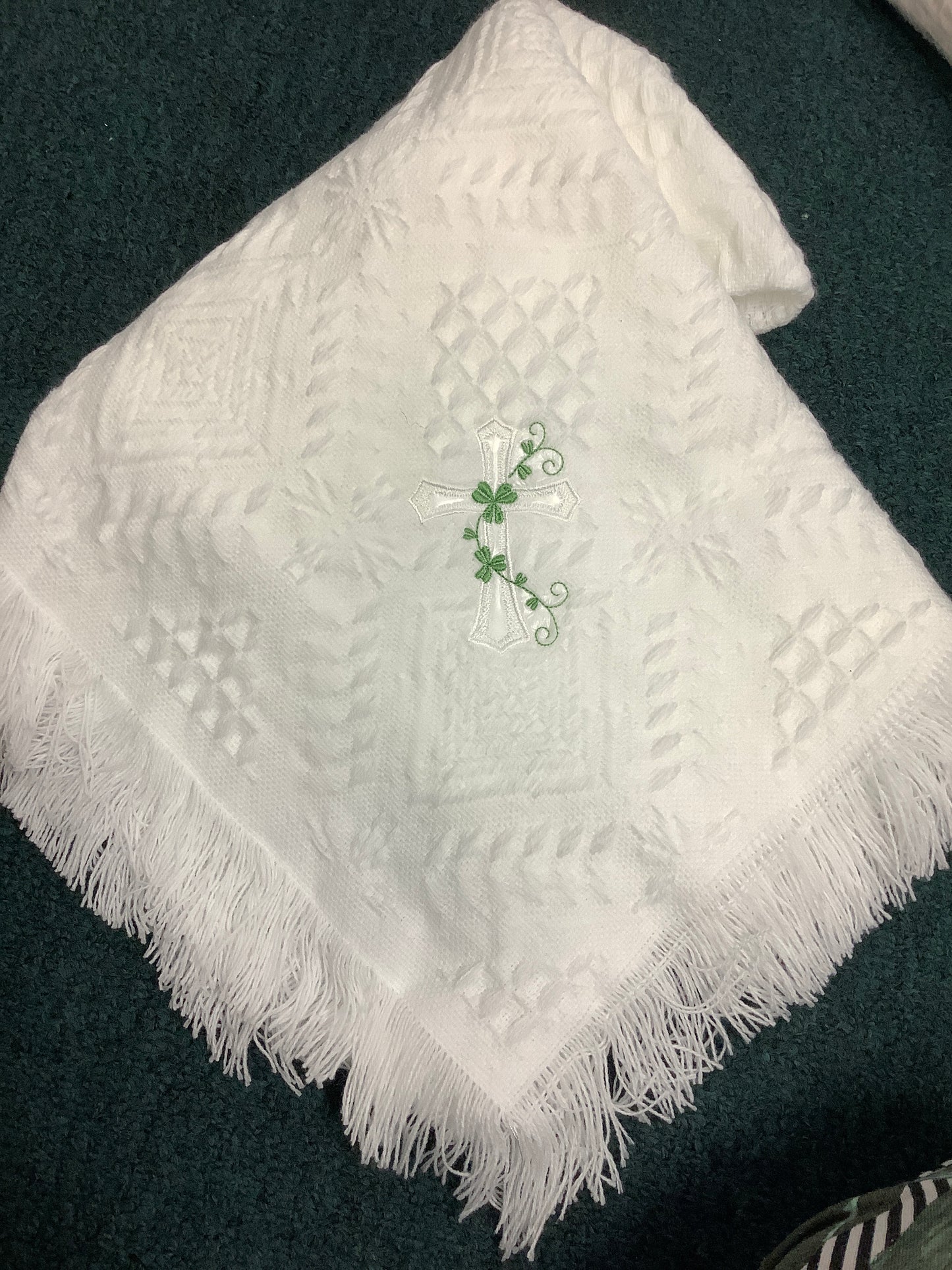 Christening Blanket with White Cross and Shamrock Vine VS23