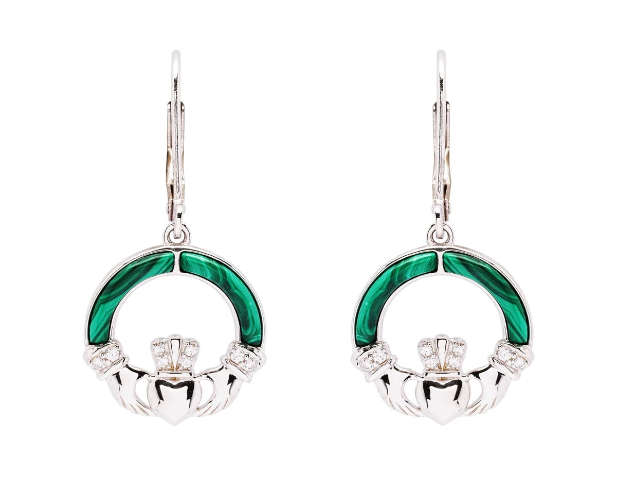 Sterling Silver Claddagh Drop with Malachite Earrings SE2330