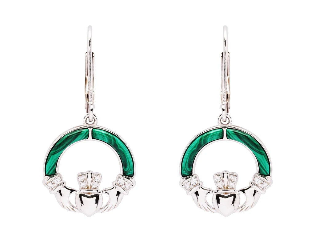 Sterling Silver Claddagh Drop with Malachite Earrings SE2330