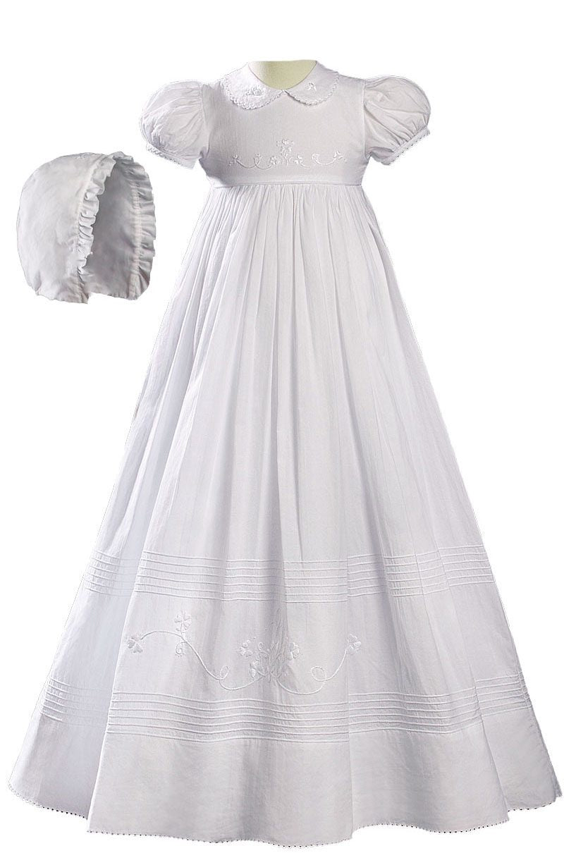32″ White Cotton Short Sleeve Christening Baptism Gown with Floral Shamrock Embroidery CASHGS