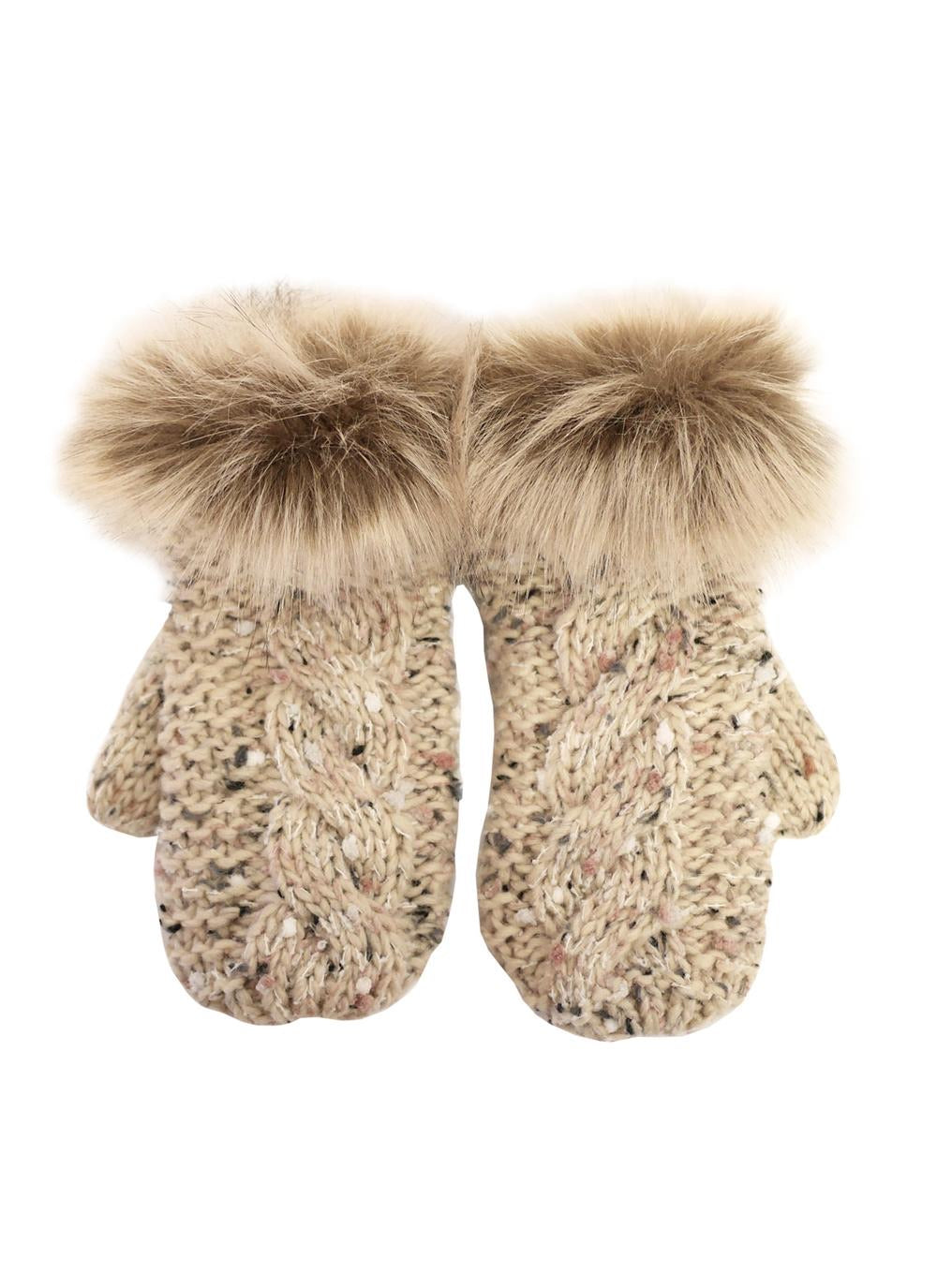 Oatmeal speckled knitted mittens with fur girls