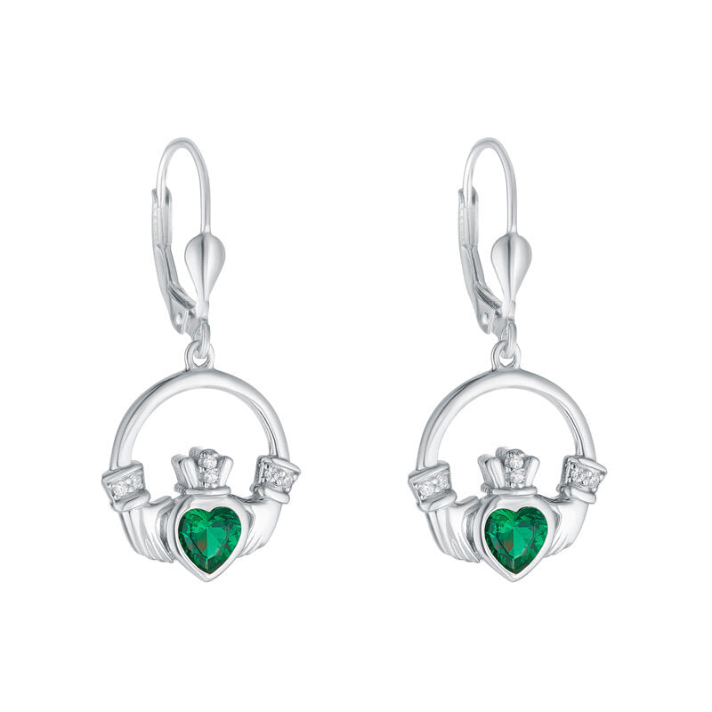 STERLING SILVER LARGE GREEN CZ HEART CLADDAGH EARRINGS S34175