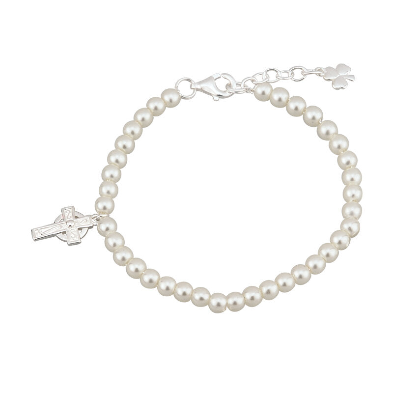 RHODIUM PLATED PEARL AND CROSS BRACELET S5676