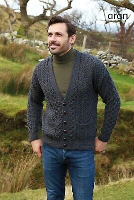 A758 Aran woolen mills vneck cardigan charcoal/ blue