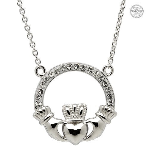 Platinum plated white claddagh pendant Swarovski pp156