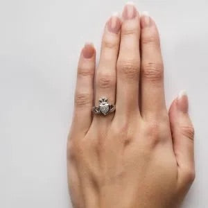 Claddagh Silver Ring Encrusted With White Crystal SW85. SW86