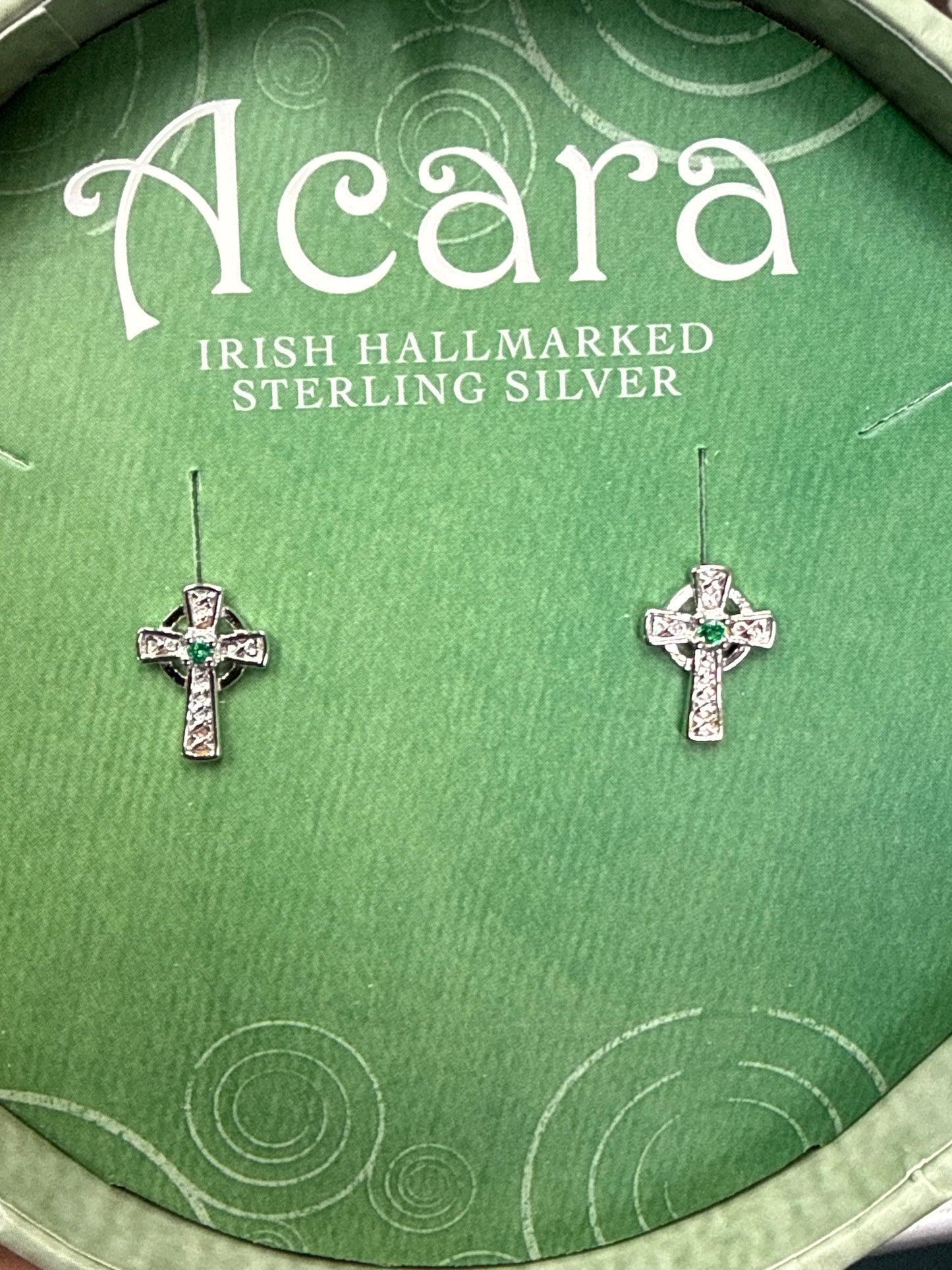 STERLING SILVER CRYSTAL CROSS STUD EARRINGS Green stone Code: S34208