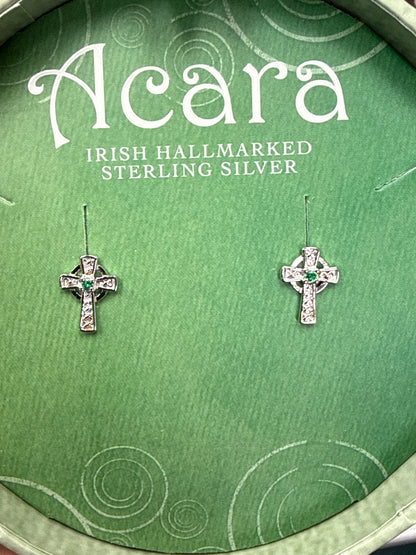 STERLING SILVER CRYSTAL CROSS STUD EARRINGS Green stone Code: S34208
